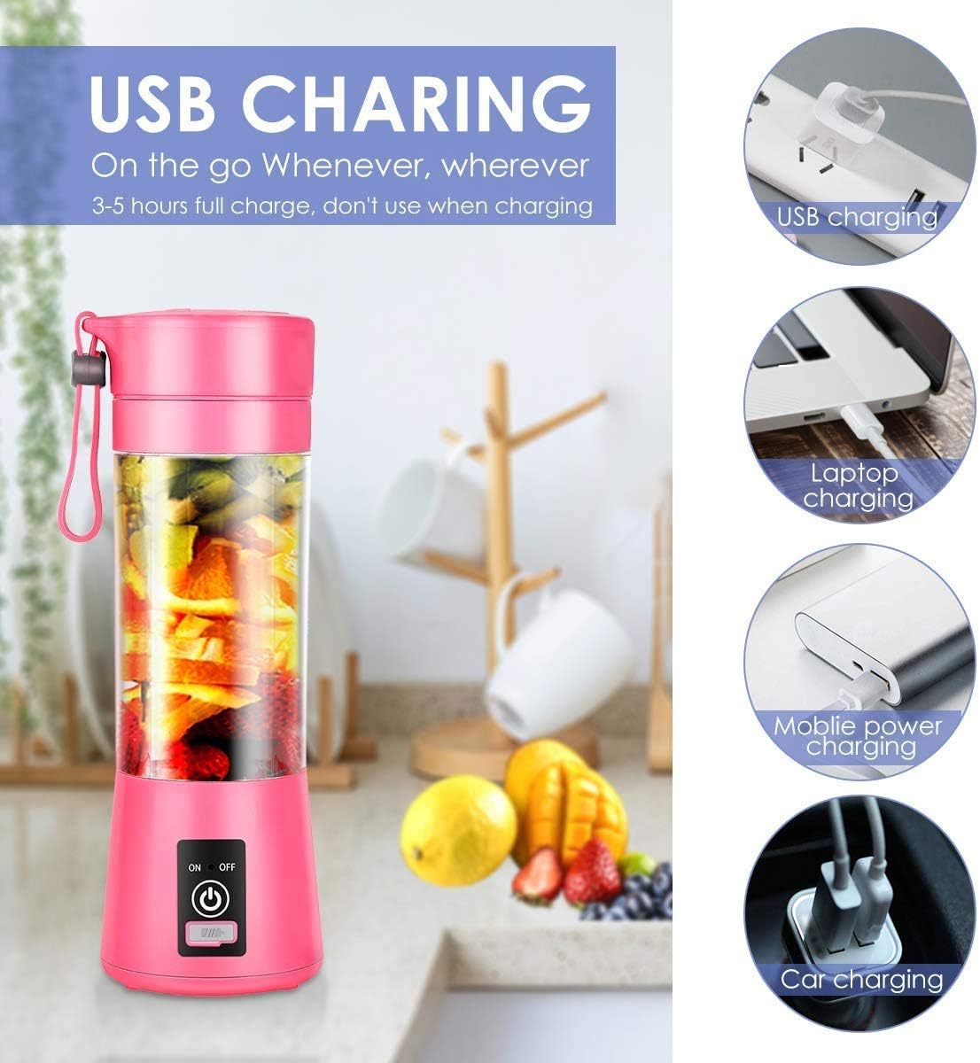 Portable USB Electric Juicer Blender – 6 Stainless Steel Blades | Rechargeable Protein Shaker & Smoothie Maker (380ml)