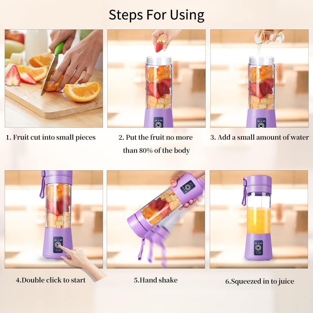 Portable USB Electric Juicer Blender – 6 Stainless Steel Blades | Rechargeable Protein Shaker & Smoothie Maker (380ml)