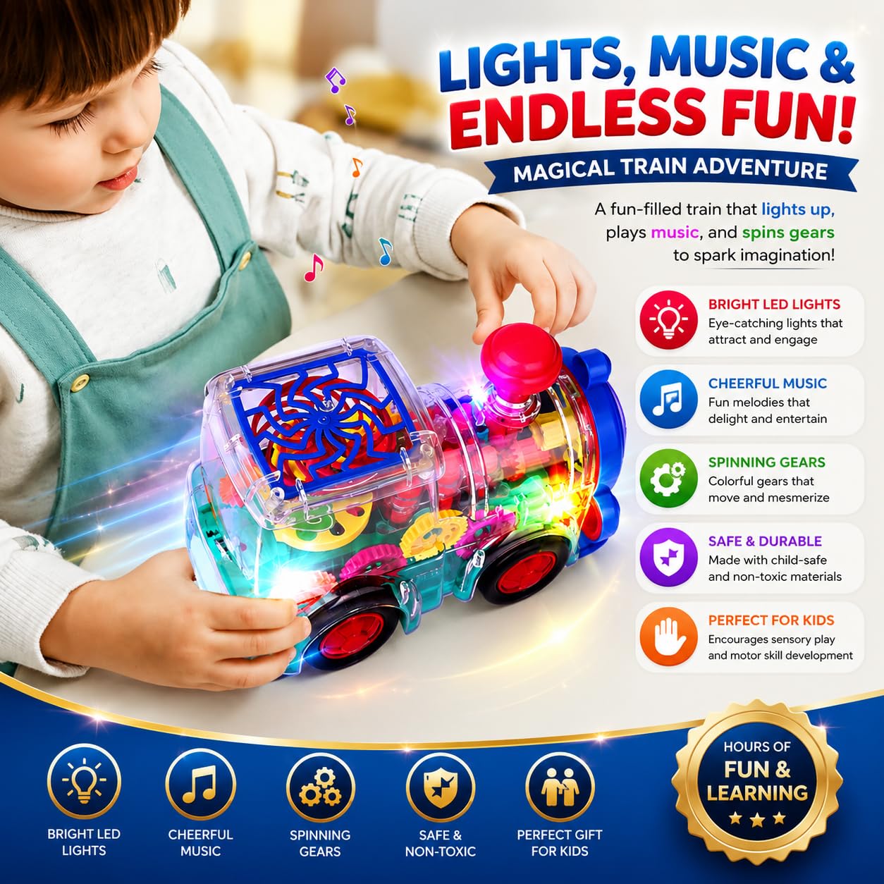 Transparent Electric Gear Train Toy with Lights & Music 1+ Year Old Boys and Girls kids