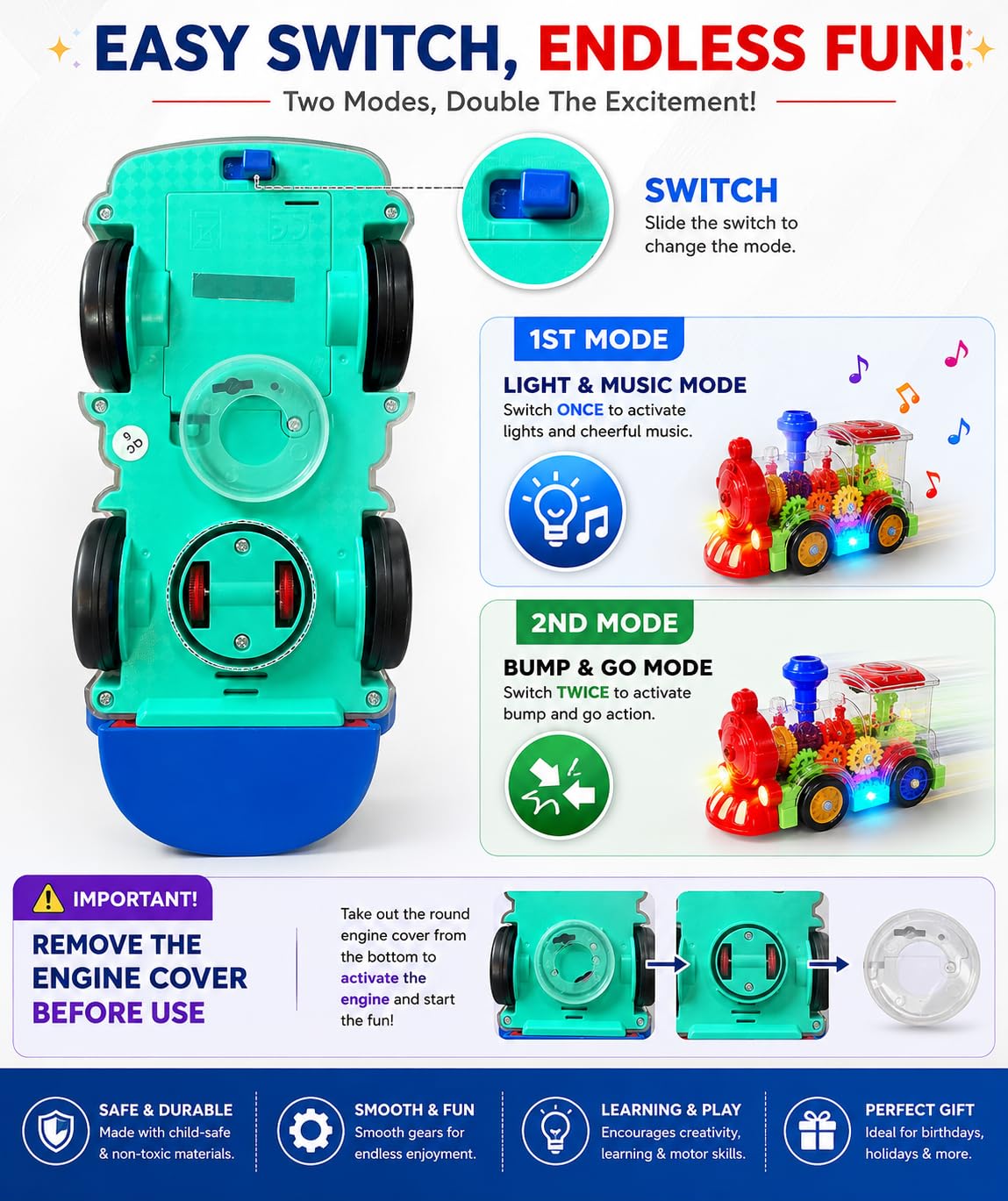 Transparent Electric Gear Train Toy with Lights & Music 1+ Year Old Boys and Girls kids
